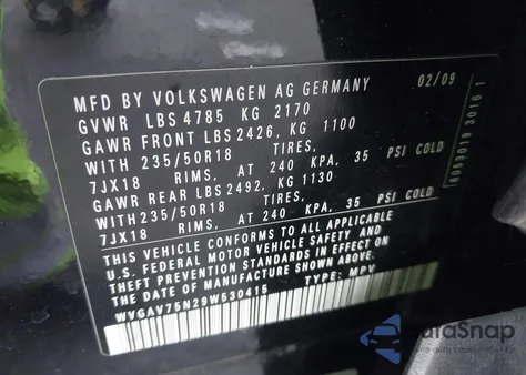 2009 Volkswagen Tiguan Sel из США, поврежденный, VIN WVGAV75N29W530415